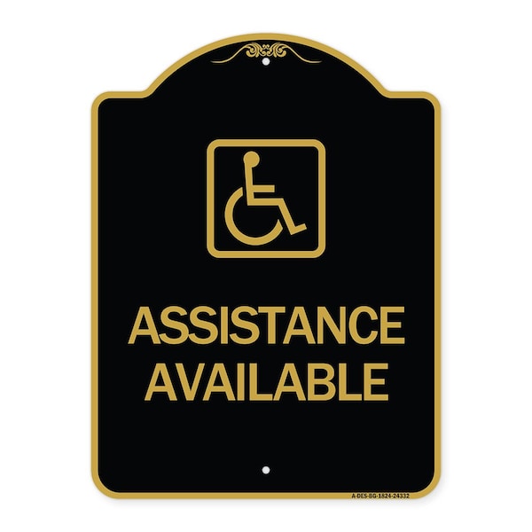 Signmission Assistance Available W/ Handicap, Black & Gold Aluminum Architectural Sign, 18" x 24", BG-1824-24332 A-DES-BG-1824-24332 - main